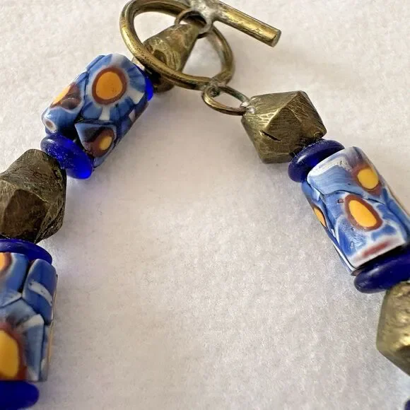 Bracelet Venetian Millefiori Glass African Trade Beads Yellow Blue Cylindrical - Picture 8 of 12